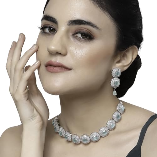 Image of ZENEME Rhodium Plated Silver Toned Triangular Shaped American Diamond Studded Jewellery Set For Women and Girl