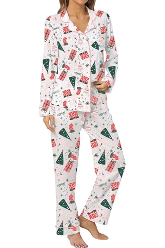 Image of LUBOT Christmas Pajamas for Women 100% Cotton Pajama 2 Piece PJ Set Soft Long Sleeve Button Xmas Print Loungewear XS-XXL