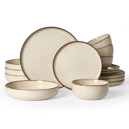 Image of Famiware Milkyway Stoneware Dinnerware Set, 16-Piece, Including Pasta Bowl, Double Reactive Glaze, Plates and Bowls, Service for 4, Microwave and Dishwasher Safe, Scratch-Resistant, Light khaki
