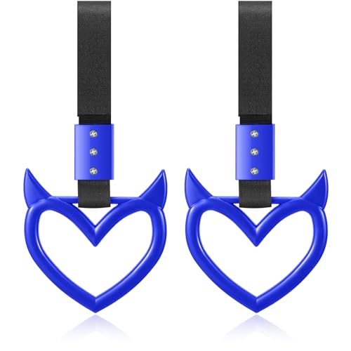 Fabbay 2 Pieces Heart Handle Ring Bumper Warning Car Accessory Heart Hand Strap Drift Charm Rear Bumper Warning Ring Decor for Car Bus Subway Interior Exterior Decoration (Blue,Devil Style)