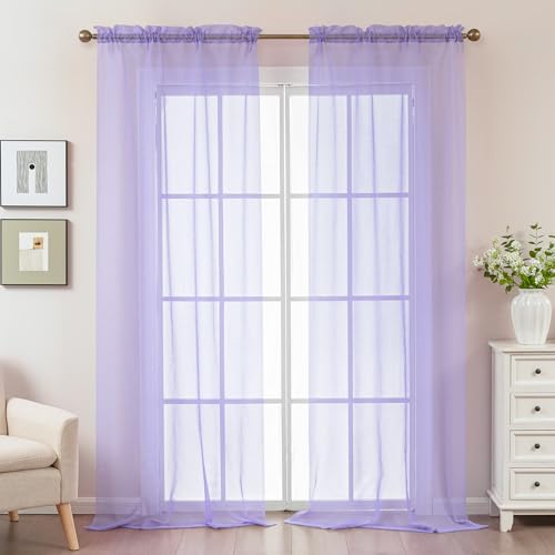 Image of Purple Sheer Curtains 96 Inches Long, Privacy Semi Sheer Curtains for Living Room Bedroom, Light Filtering Rod Pocket Voile Window Drapes 2 Panels Set, Each 42 inch W x 96 inch L