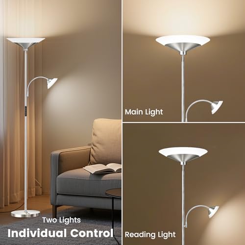 Image of SIBRILLE Metallic Sliver Torchiere Floor Lamp, 2 Way 72'' Dimmable LED Standing lamp with Rmote, Multi Color Temps, 34W Tall Light with Independent Control for Living Room Bedroom Office Reading