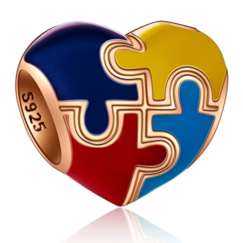 Rose Gold Autism Awareness Charms fit Pandora First Mothers Day Bracelet, 925 Sterling Silver Colorful Puzzle Pieces Enamel Heart Autistic Beads, Gift for Son/Daughter/Cousin