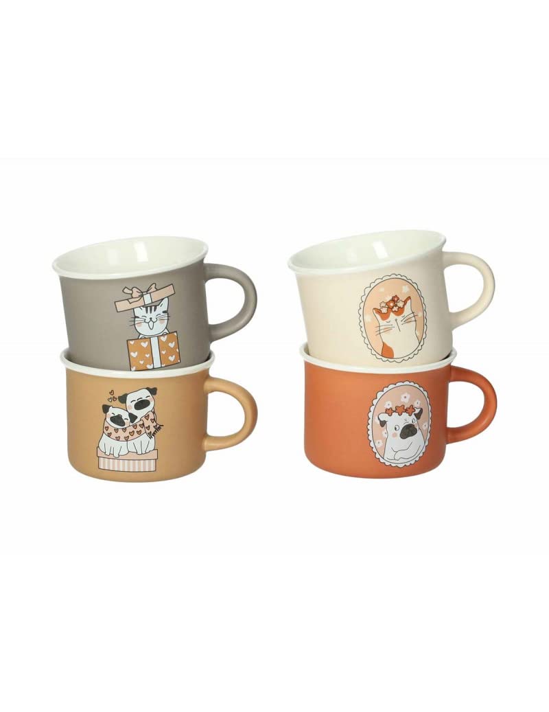Brandani 52408 Tazzina Caffe Cani e Gatti Set 4 Pezzi New Bone China, cm d 8x5,5h, 160 ml, beige, tabacco, mattone, bianco, cani & gatti