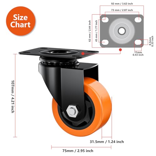Image of 3 Inch Caster Wheels, Casters Set of 24 Heavy Duty, Orange Polyurethane (PU) Casters, Industrial Swivel Top Plate Castor Wheels for Workbench /Furniture /Cart (Pack of 24)