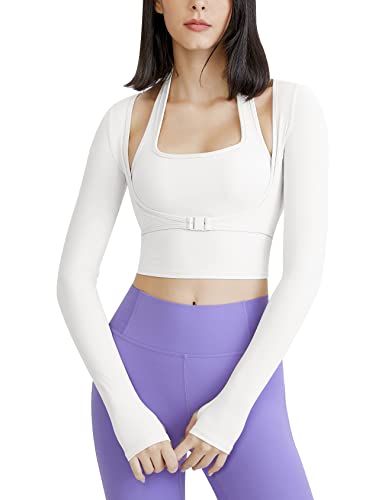 Gihuo Camisa atlética feminina de manga comprida para treino com sutiã embutido, ioga, corrida, acad