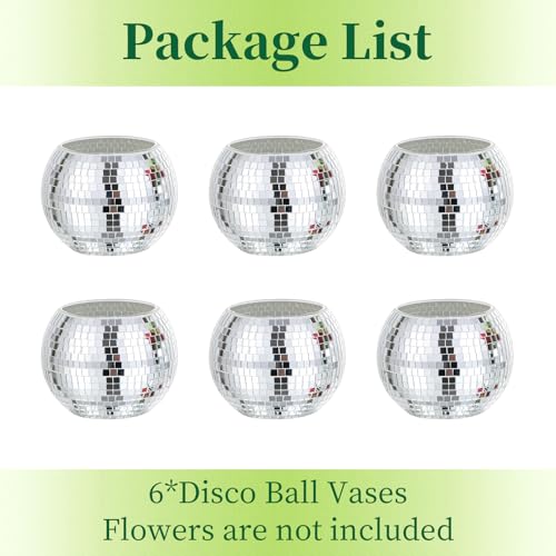 Image of Disco Ball Vases for Table Centerpieces - Hewory 6pcs Silver Mirror Glass Planters Flower Pot Containers, Bulk Disco Balls Bowl Candle Holders for Wedding Bridal Shower Birthday Events Party Decor