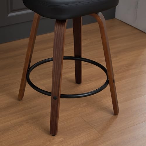 Image of YaFiti Swivel Bar Stools Set of 2, 26 inch Upholstered Faux Leather Counter Height Barstools with Walnut Back & Bentwood Legs, Mid Century Modern Bar Chairs Island Stools for Kitchen Counter, Black PU