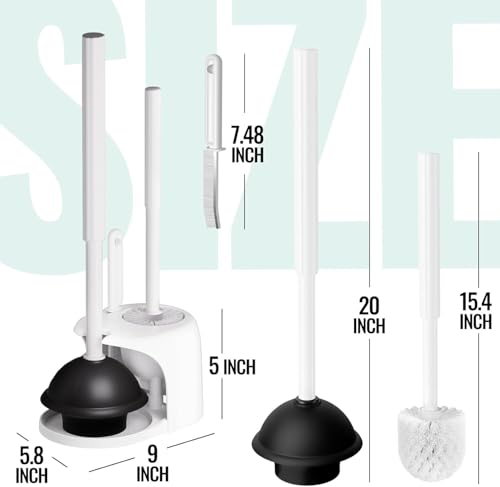 Image of FORASTO 4 in 1 Toilet Brush and Plunger Set, Long Handle Combo, 2 Pack | White bathroom cleaning tools with holder. Includes bonus crevice cleaning brush for deep toilet bowl scrub.