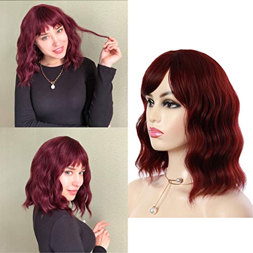 Red Synthetic Wigs with Bang Wavy Short Curly Bob Pastel Wig Medium Length Wigs for Women Natural Looking Heat Resistant Fiber Hair for Colorful Cosplay Wigs(12-wink red)