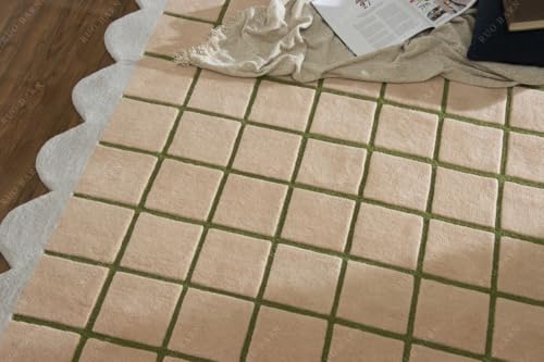 RUG BARN Hand-Tufted Wool Area Rug - 6x8 Ft, Beige & Blush Windowpane Grid with Olive Green Lines & Light Lavender Scalloped Border, Soft High-Low Pile Carpet for Living Room, Bedroom & Nursery