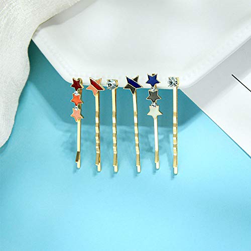 WHITEBRIDGE 6pcs Multicolor Star Enamel Hair Bobby Pins Simple Metallic Barrettes Fashionable Hair Clips for Women Girls, Geometric Figure Hairpins Crystal Rhinestone Bobby Pins