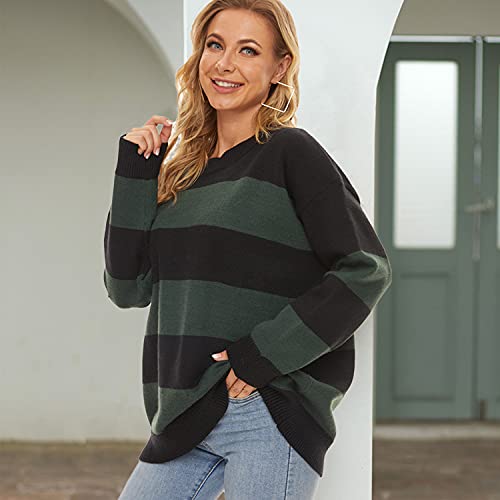 Fantaslook Striped Sweater Women Crewneck Oversized Pullover Sweaters Knit Color Block Green-L #TOP3