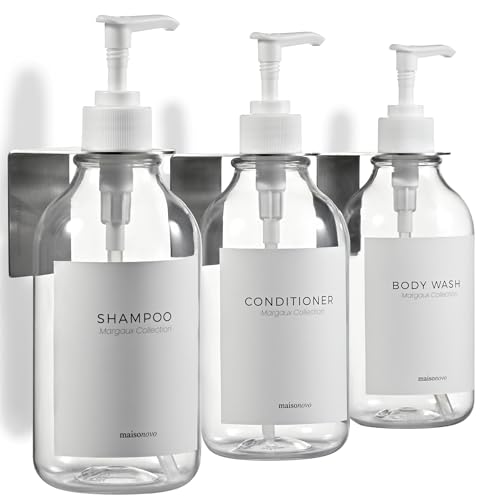 Image of Shampoo and Conditioner Dispenser Wall Mounted Set of 2 Clear - No Drill Shower Soap Dispenser for Bathroom Refillable - Spa Hotel Style Accessories by MaisoNovo