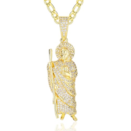 14k Gold Plated Brass Cubic Zirconia Saint Jude San Judas Pendant Necklace Religious San Judas Tadeo Medalla Cadena Oro Laminad