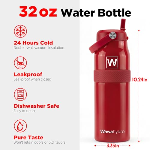 Image of 32 oz Insulated Water Bottle with Straw, Leakproof Stainless Steel Bottle with Handle, Non-Slip Silicone Sleeve, Internal Markings, Dishwasher Safe for Travel, Gym, Sports, Red