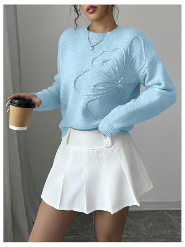 Image of RoseSeek Women's 3D Floral Appliques Crewneck Sweaters Long Sleeve Drop Shoulder Pullovers Elegant Knit Tops