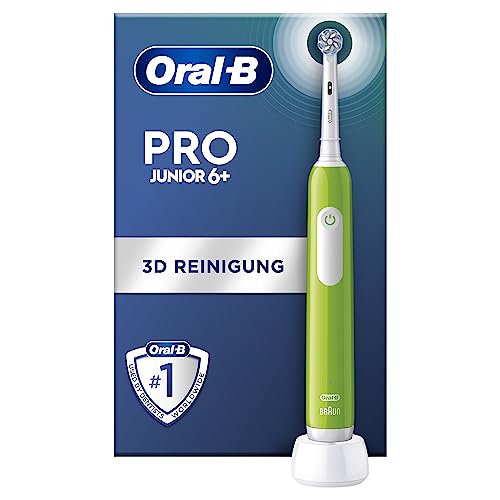 Oral-B Pro Junior Elektrische Zahnbürste Kinder — Electric Toothbrush für Kinder ab 6 Jahren, Inkl. Weiche Borsten, Drucksensor & Timer und 3 Putzmodi Sensitiv für Zahnpflege, Designed by Braun — Grün