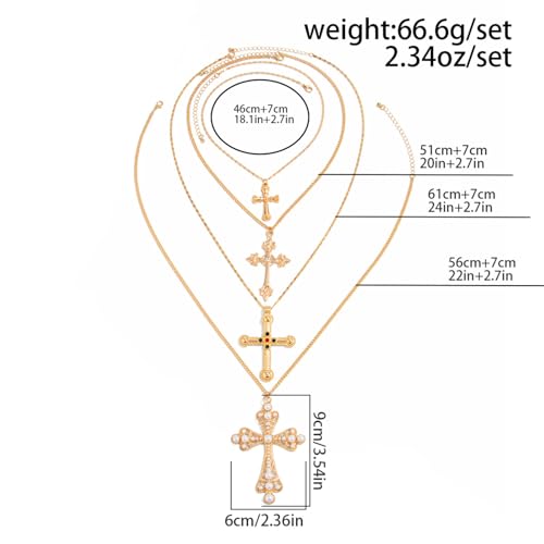 4Pcs Chunky Cross Necklace for Women Gold Statement Big Cross Pendant Necklace Pearl Cross Layered Chain Necklaces Set Punk Grunge Y2K Jewelry3
