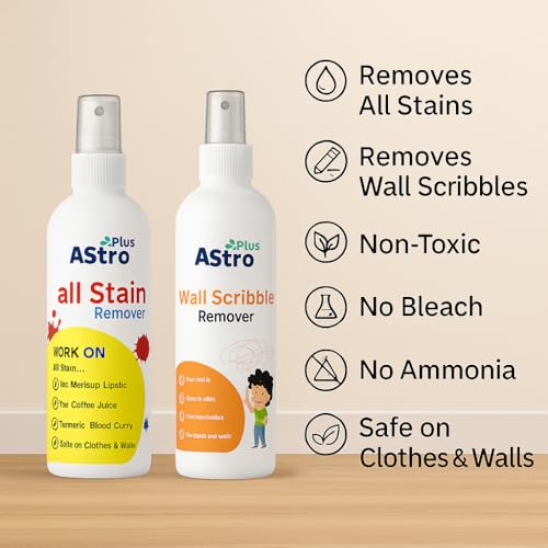 Image of Astro Plus+ 100ml Cloth Stain Remover and 100ml Wall Scribble Remover Spray | Multi-Surface Use Suitable for All Fabrics | Toxin-free Easy to Carry | Eco-friendl Clean All Color | Easy Spray & Wipe
