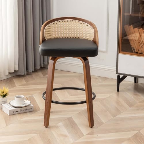Image of 24.8 inch Swivel Rattan Bar Stools,Mid-Century Modern Black Leather Upholstered Counter Height Stools,Kitchen Island Barstools with Rattan Low Backrest,Walnut Wood Finish Bar Chair,1PCS