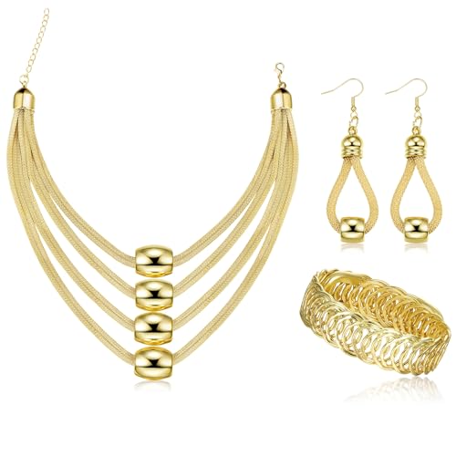 JOERICA 3Pcs Multi-Layer Bib Necklace African Jewelry Set for Women Choker Necklace Stretch Cuff Bracelet Dangle Earrings Halloween Costume Jewelry Set