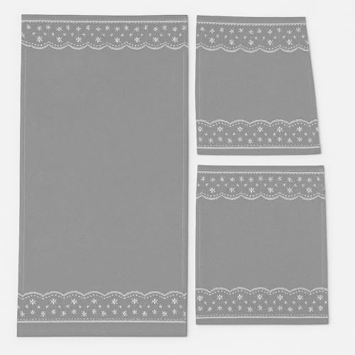 Corredocasa - Tris centrini ricamati con pizzo in canapa - runner da tavola 40 x90cm e 2 centri comodini 30 x40cm - artigianali moderni per mobili, cucina, sala da pranzo e camera da letto (Grigio)