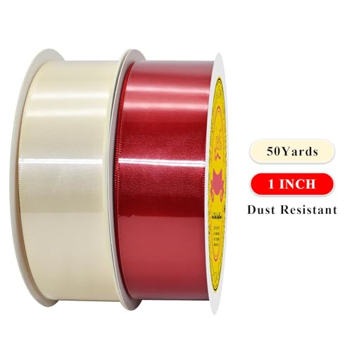 Image of 100 Yards Red Ivory Satin Ribbon Polyester Ribbon for Gift Wrapping Very Suitable for Weddings Party Hair Bow Invitation Decorations and More(1-1 /2 inch X 50Yards X 2 Roll)