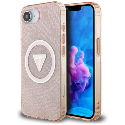 CG Mobile Guess IML Metal Glitter 4G Circle Triangle Compatible avec MagSafe Coque pour iPhone 16e (Rose)