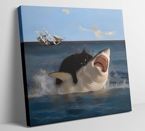 Framed Funny Cat Canvas Wall Art Renaissance Black Cat vs Shark Painting Picture Wall Decor Eclectic Cat and Shark Poster Print Artwork for Bathroom Living Room Bedroom Home Decoration