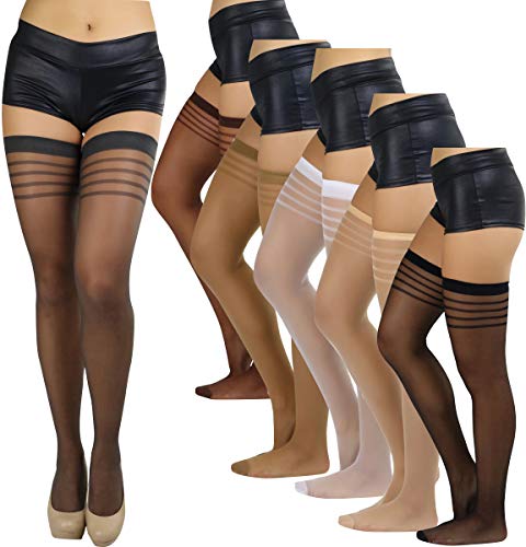 Image of ToBeInStyle Women's Pack of 6 Top Stripe Band Sheer Thigh High Stockings