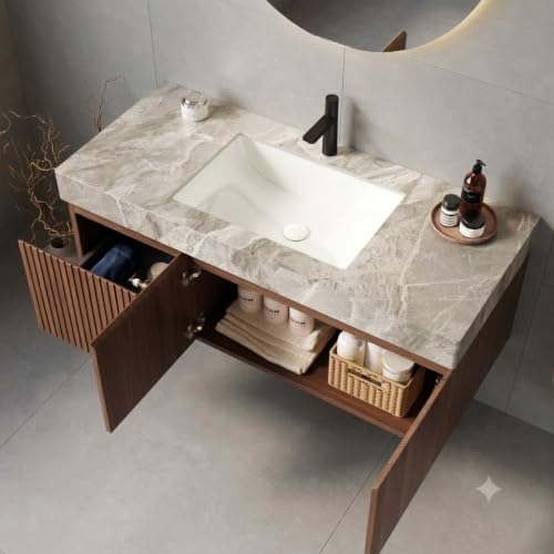 Image of 48 Inch Floating Bathroom Vanity with Sink, Modern Wall Mounted Bathroom Storage Vanity Cabinet with Sintered Stone Countertop, Brown Oak