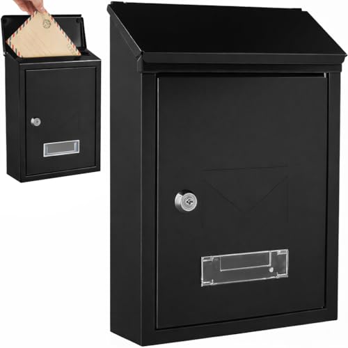 Buzón de Pared Correo con Tapa Antilluvia, Buzón de Exterior de Metálico con Cerradura y Llaves, Buzón Impermeable de Gran Capacidad para Cartas, Fácil de Instalar (30x21.7x7cm, Negro)