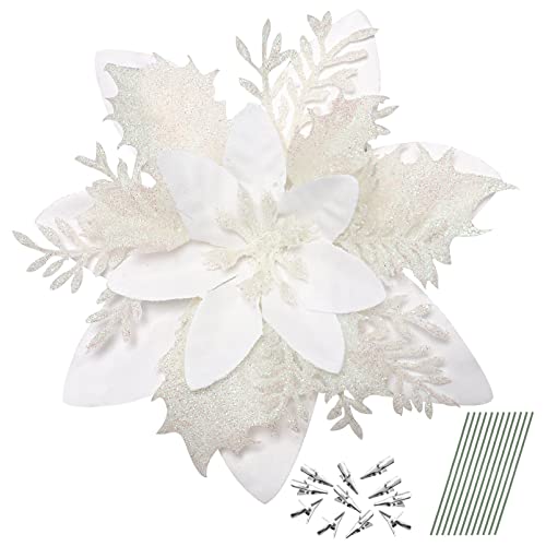 Alipis 12 flores artificiais de poinsétia ornamentos de flores brancas com purpurpurinas de Natal para árvore de Natal com hastes clipes de decoração de festa floral de Natal