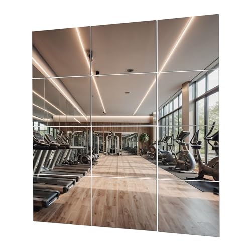Fab Glass and Mirror Full-Length Exercise Mirror Tiles -12x12 Pack of 12, Self-Adhesive Frameless Workout & Fitness Mirror for Home Gym & Wall