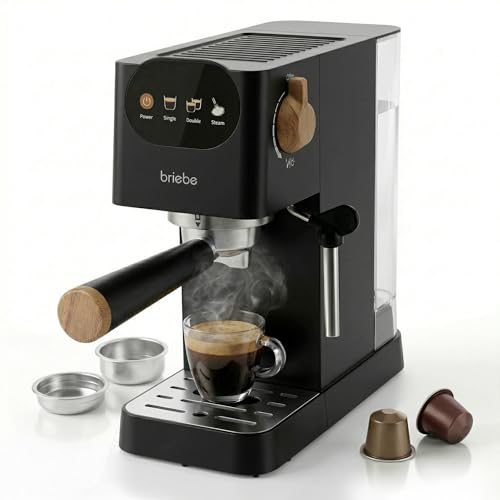briebe Nordic Cafetera Espresso 20 Bares Compatible Cápsulas Nespresso y Café Molido, Máquina Café Semiautomática Profesional 1350W, Espumador Leche, Pantalla Táctil, 1,2L, Diseño Nórdico, Negro