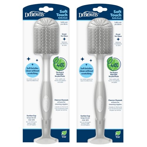 Image of Dr. Brown's Soft Touch No Scratch Baby Bottle Cleaning Brush, Nipple Cleaner & Suction Cup Base for Easy Storage, BPA Free, Gray (Pack of 2)