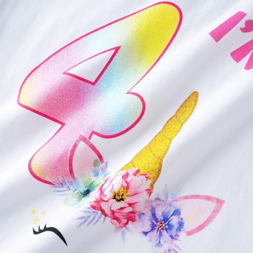 Image of WAWSAM Unicorn 4th Birthday T-Shirt for Toddler Girls Birthday Outfit 4 Years Old Shirts (US, Age, 4 Years, White)