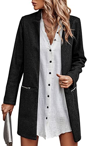 Image of Angashion Women’s Coat, Long Sleeve Stand Collar Cardigan Mid-Long Open Front Outwear Overcoat with Zipper Pockets Black Large