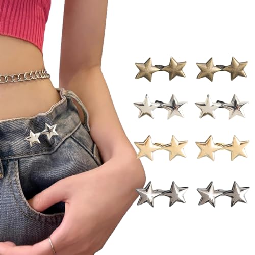 Pant Waist Tightener, 8 Sets Adjustable Pentacle Button for Jeans, Instant Removable Jean Buttons for Loose Jeans, No Sewing Required Pant Clips for Waist Tightener, Button Pins for Pants