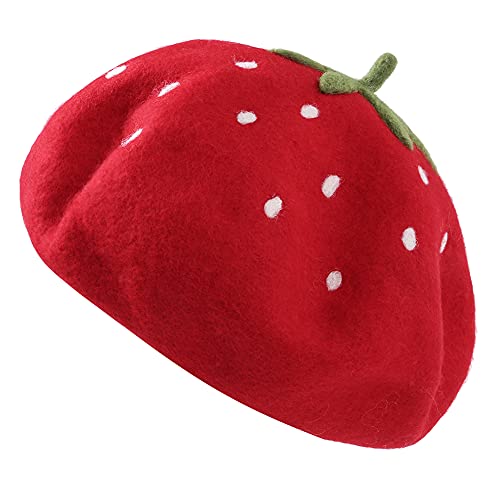 Zasy Strawberry Hat Wool Beret Casual French Artist Beanies Handmade Cap For Women (Strawberry) #TOP1
