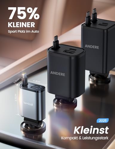 Lamicall 3 IN 1 Zigarettenanzünder USB C Auto Ladegerät -【2026 Super Kompakt】50W USB Adapter Auto Schnellladegerät mit einziehbare Typ-C Kabel/USB C/USB A, 24/12V KFZ Ladegerät Auto für iPhone/Samsung – Bild 3