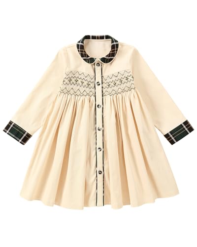 Twoflower Toddler Handmade Smocked Dress， Baby Girls' Clothing Long Sleeve Fall Vintage Dresses for Birthday Holiday