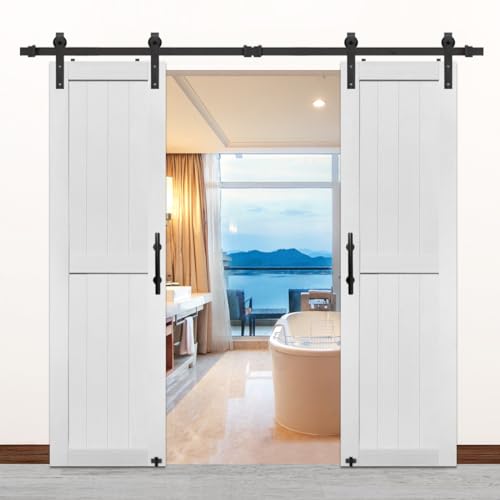 S&Z TOPHAND® 24in x 84in MDF Double Barn Door with 8FT Sliding Door Hardware Kit, Solid Barn Door Slab Covered with Water-Proof PVC Surface, Simple Assembly is Required