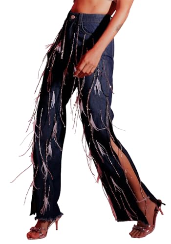 Women's Rhinestone Tassels Jeans High Waist Sright Leg Baggy Y2K Sparkly Side Slit Fringe Feather Denim Pants