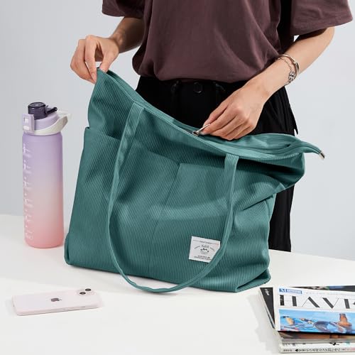 Image of KALIDI Women Corduroy Tote Bag Zipper Casual Tote's Handbag Big Capacity Shoulder Bag with Pockets
