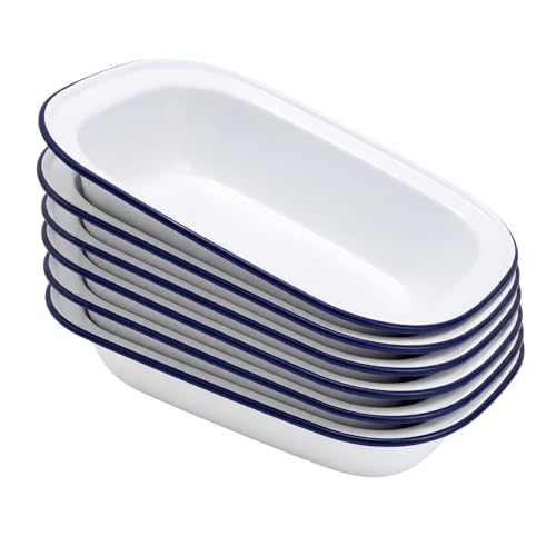 Vintage Gourmet Premium White Enamelware with Blue Rim Oblong Pie Dish Oven Safe Retro Bakeware Set of 6 16cm Oblong Pie Dishes 150ml Capacity Perfect Size for Individual Pies Ideal for Freezer