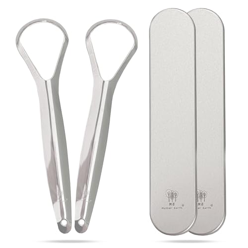 Me Mother Earth 2 pack Stainless Steel Tongue Scraper for Adults with 2 Metal Travel Cases – Durable Metal Cleaner for Oral Care, Fresh Breath, and Eco-Friendly Dental Care