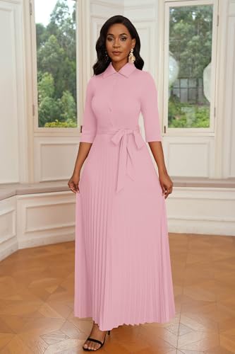 Image of Runwind Maxi Dresses for Women, 3 /4 Sleeve Botton Down Pleated Long Dress with Belt Casual Church Dress with Pockets