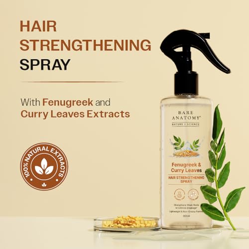 Image of Bare Anatomy Nature x Science Fenugreek and Curry Leaves Hair Spray | Strengthens Roots & Controls Breakage | Lightweight & Non-Sticky Formula | Maintains Natural Shine & Smoothness | 200ml (Pack of 2)